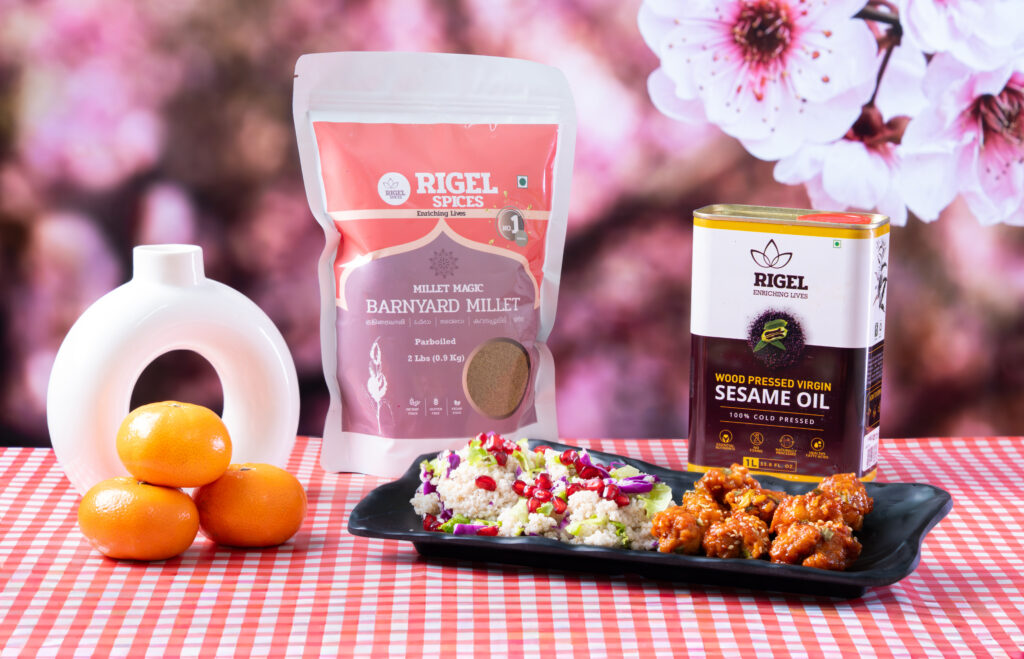March: Barnyard Millet Salad with Sesame Oil Chicken
