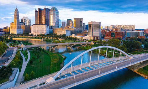 Aerial view of Downtown Columbus Ohio with Scioto river during sunset